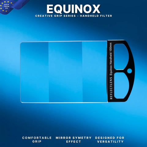Rectangular Equinox Handheld glass filter with a black grip against a blue background