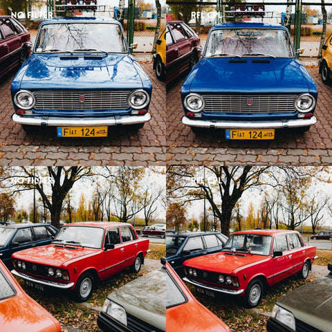 RFL-CPL comparison showing changes to reflections on blue and red classic cars