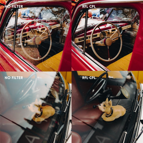 Comparison of classic-car interiors photographed through glass with and without RFL-CPL
